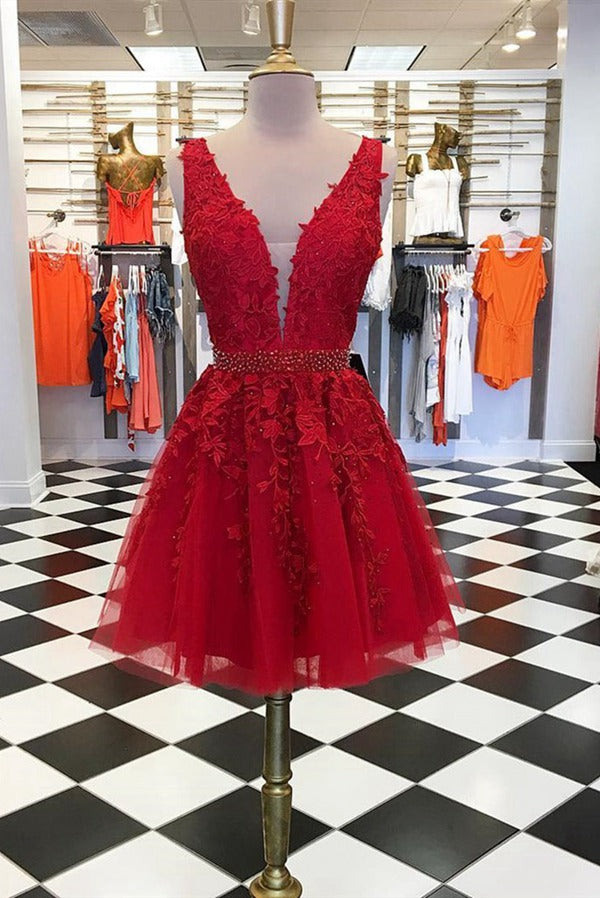 Trendy V Neck Short Red Lace Junior Prom Dress JTRE016