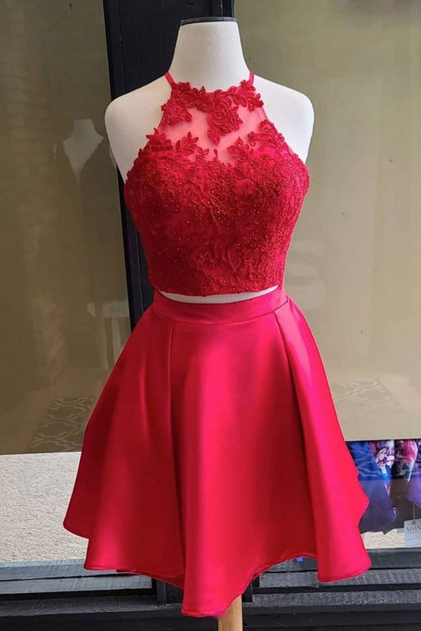 Trendy Halter Short Red 2 Pieces Junior Prom Dress JTRE021