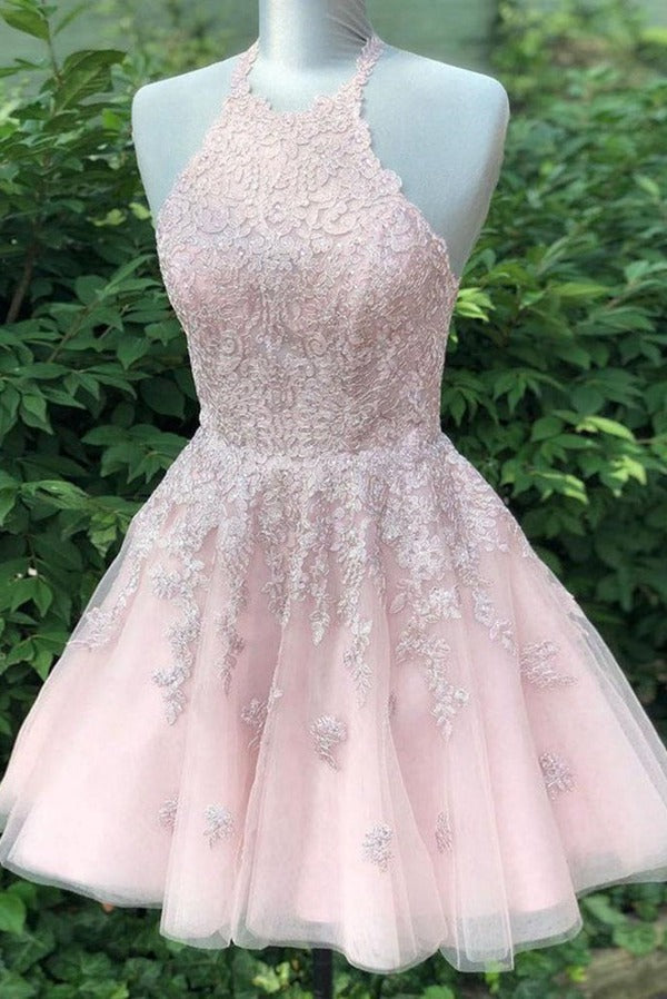 Trendy Halter Neck Pink Lace Junior Short Prom Dress JTRE022