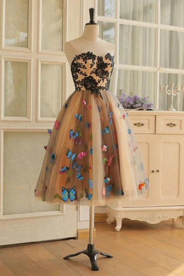 Trendy Tea Length Champagne Junior Floral Short Prom Dress JTRE024