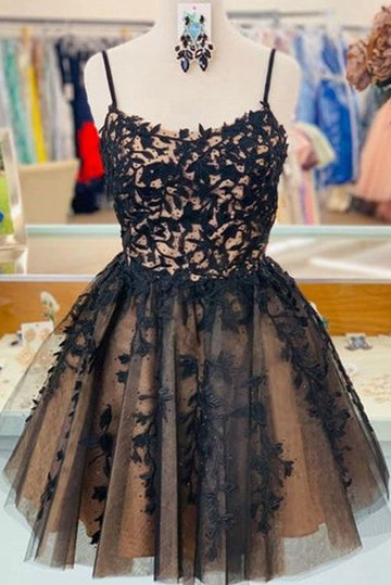 Trendy Black Staps Lace Junior Short Prom Dress JTRE030