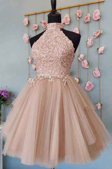 Trendy Halter Junior Pink Lace Short Prom Dress JTRE032