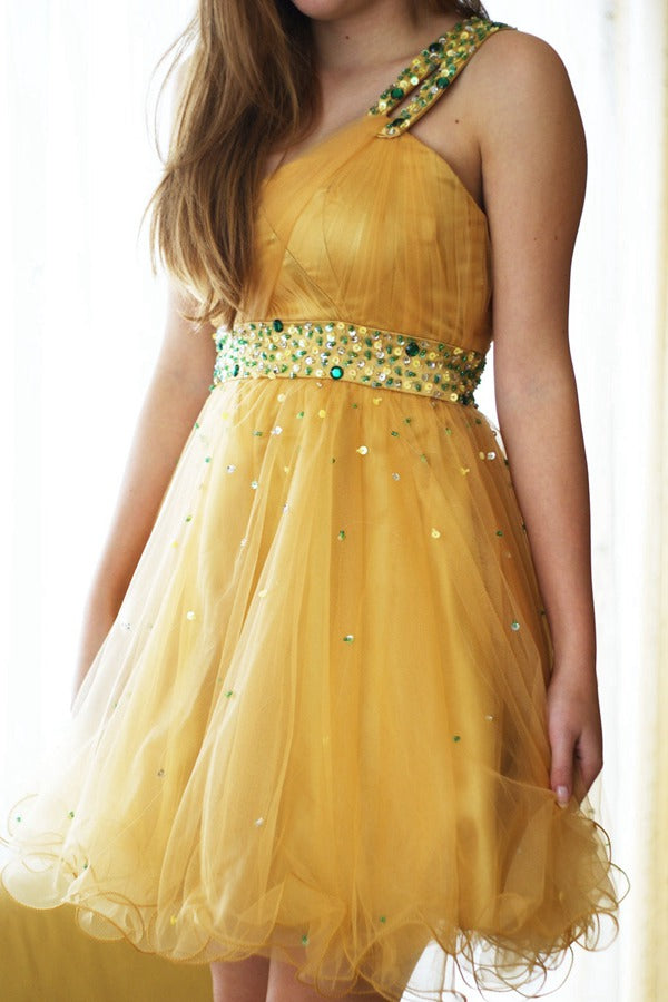 Trendy Juniors Yellow One Shoulder Short Prom Dress JTSH013