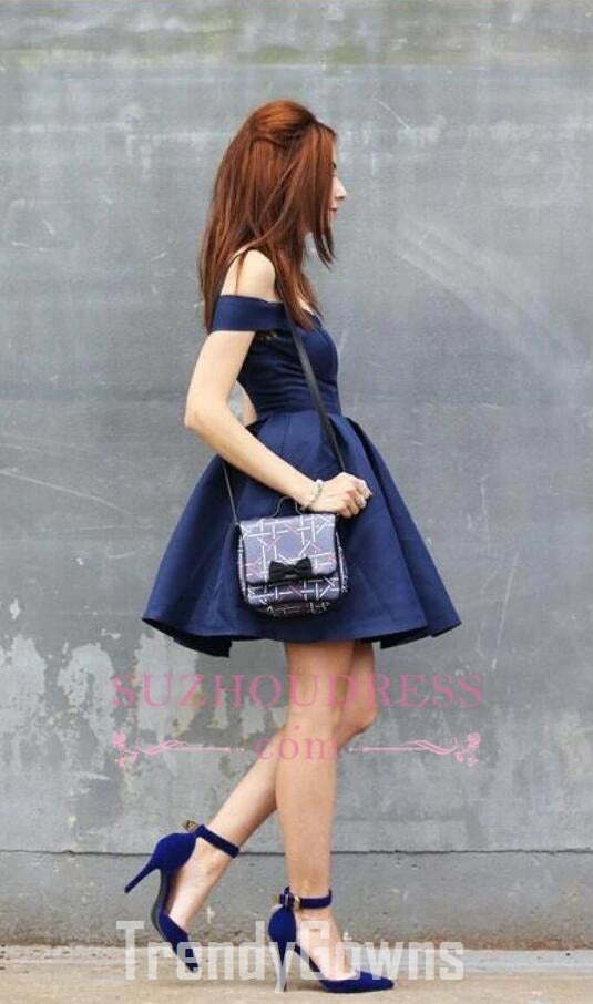 Trendy Navy Blue Off the Shoulder Teen Short Prom Dress JTSH022 Trendy Navy Blue Off the Shoulder Teen Short Prom Dress JTSH022