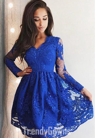 Trendy Blue Long Sleeve Junior Short Prom Dress JTSH036