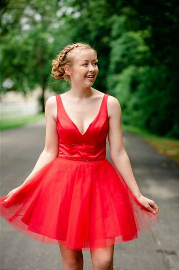 Trendy Red Juniors V Neck Short Prom Dress JTSH037