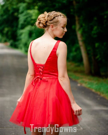 Trendy Red Juniors V Neck Short Prom Dress JTSH037