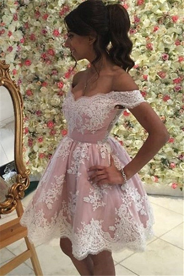 Trendy Pink Off the Shoulder Lace Junior Short Prom Dress JTSH044