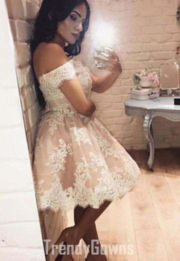 Trendy Pink Off the Shoulder Lace Junior Short Prom Dress JTSH044