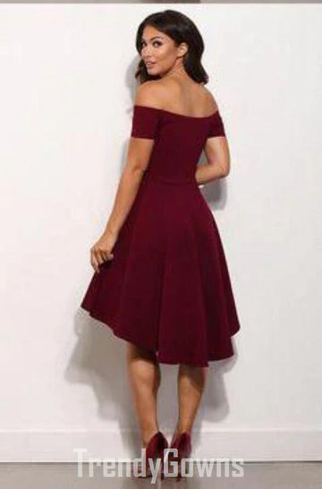 Trendy Burgundy Off the Shoulder High Low Short Prom Dress JTSH053