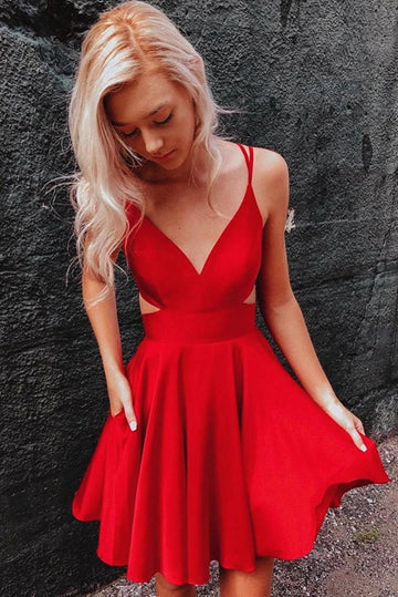 Trendy Sexy Short V Neck Junior Red Prom Dress JTSH054