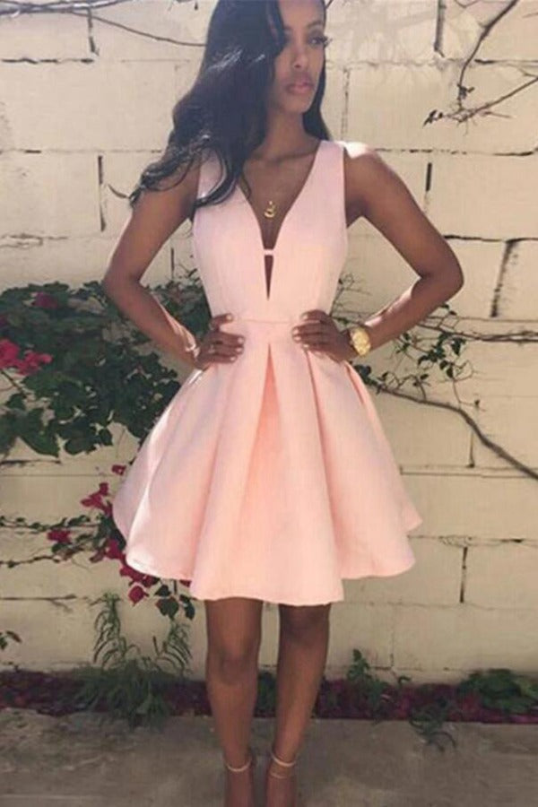 Trendy Pink V Neck Junior Short Prom Dress JTSH055