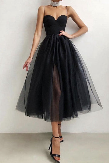 Classic Tea Length Black Tulle Prom Dress JTSH059