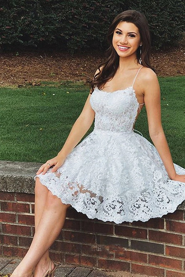 White Straps Juniors Lace Prom Dress JTSH061