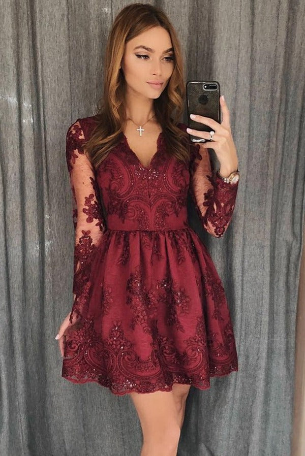 Trendy Long Sleeves V Neck Short Burgundy Junior Prom Dress JTSH062