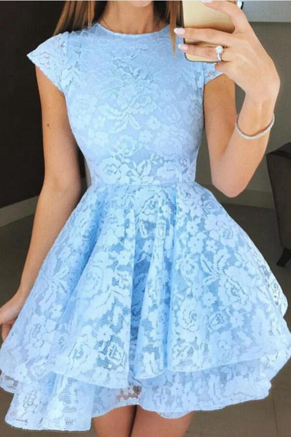 Blue Burgundy Short Juniors Lace Prom Dress JTSH077