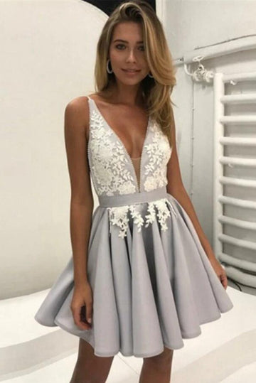 Trendy Juniors V-Neck Gray Homecoming Dress JTSH084