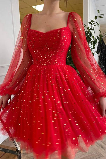 Trendy Long Sleeves Short Red Prom Dress JTSH088