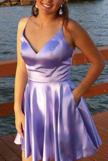Trendy V Neck Short Purple Satin Junior Prom Dress JTSH089