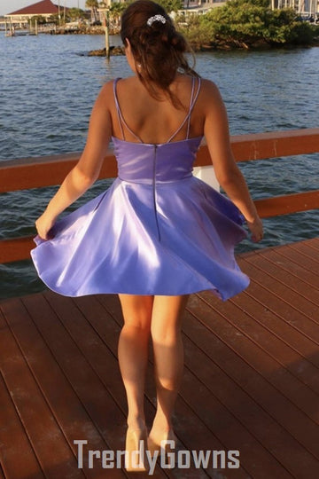 Trendy V Neck Short Purple Satin Junior Prom Dress JTSH089