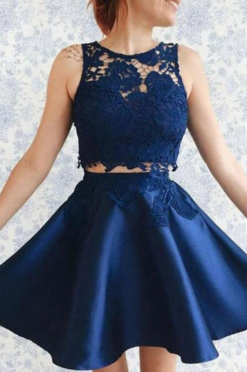 Trendy Dark Blue 2 Pieces Junior Lace Short Prom Dress JTSH091