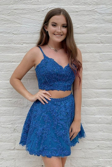 Trendy Two Piece Short Royal Blue Junior Prom Dress JTSH103