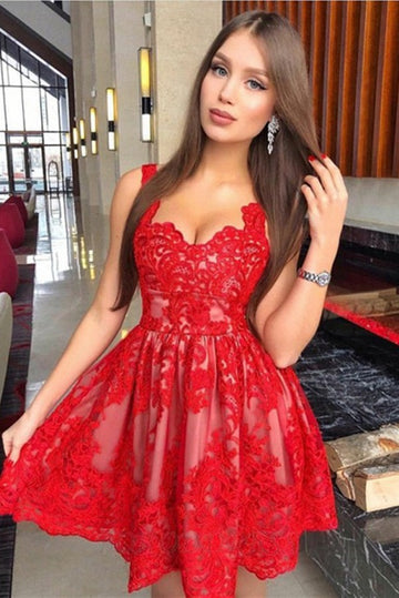 Short Red Lace Junior Homecoming Dress JTSH106