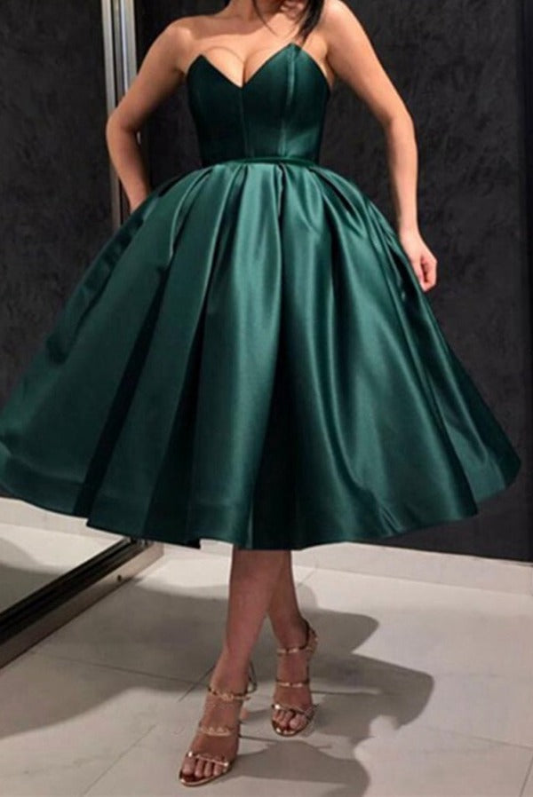 Trendy Sweetheart Tea Length Short Dark Green Prom Dress JTSH108