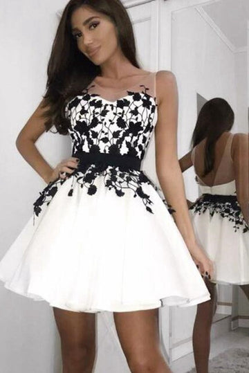 Trendy Black and White Short Lace Junior Homecoming Dress JTSH110