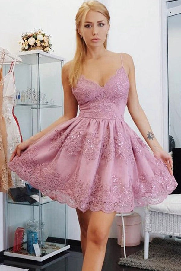 Trendy Lace Straps Junior Short Homecoming Dress JTSH114