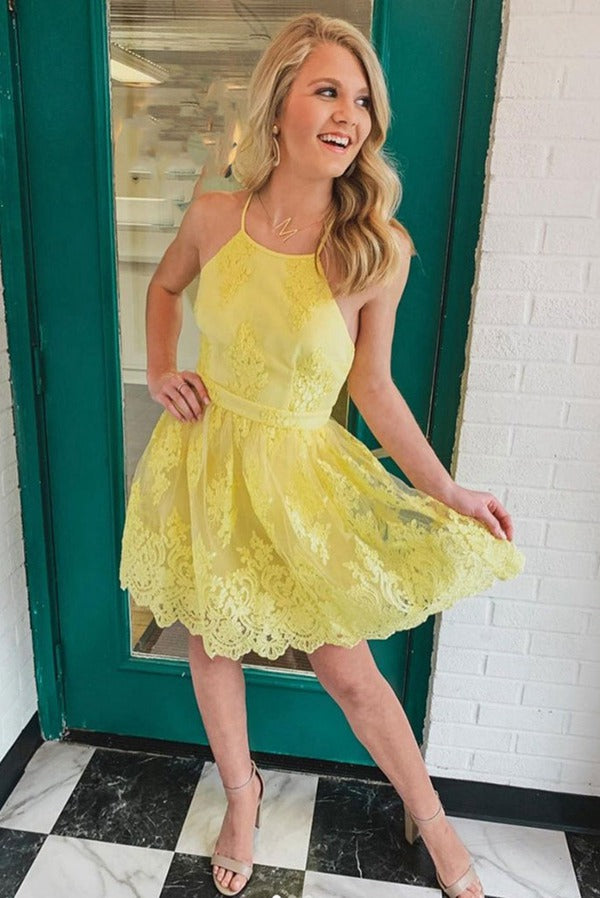 Trendy Yellow Lace Junior Short Homecoming Dress JTSH118