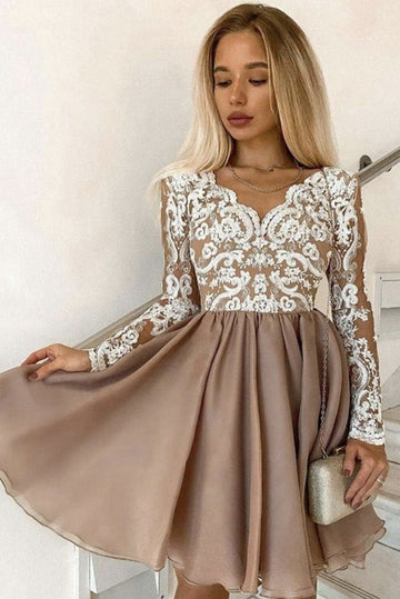 Trendy Long Sleeve Champagne Lace Junior Formal Dress JTSH132