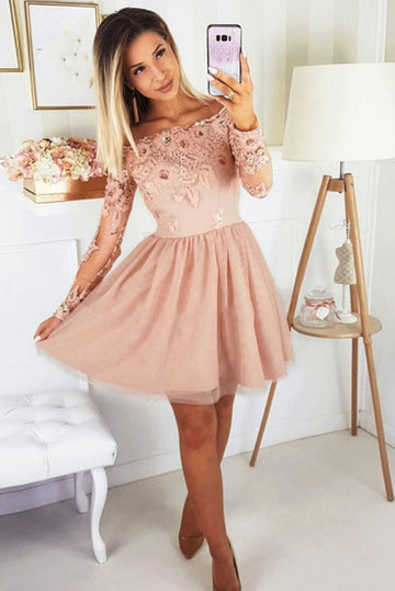 Trendy Long Sleeves Pink Junior Short Prom Dress JTSH139