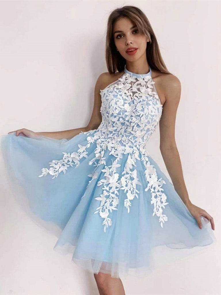 Trendy Halter Lace Junior Short Prom Dress JTSH140