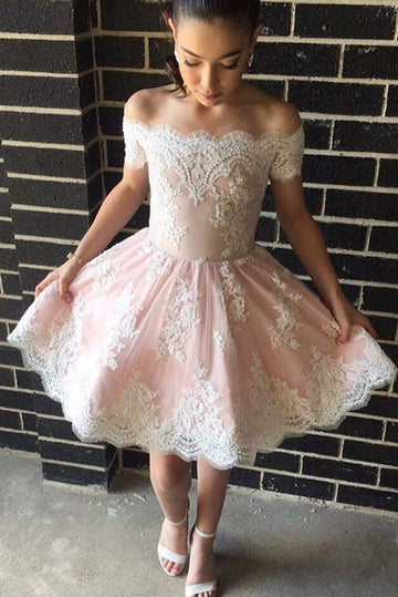 Trendy Off the Shoulder Pink Lace Junior Short Prom Dress JTSH145