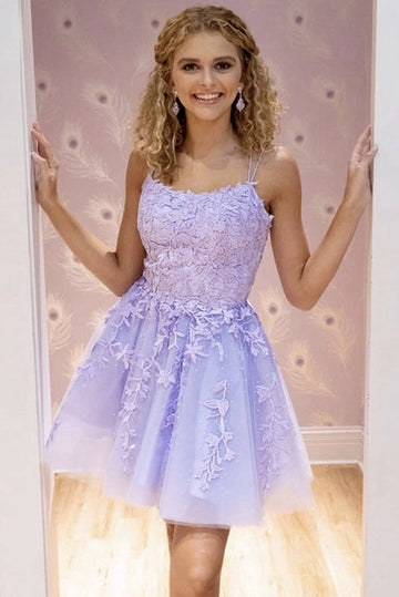 Trendy Straps Purple Junior Lace Short Prom Dress JTSH149