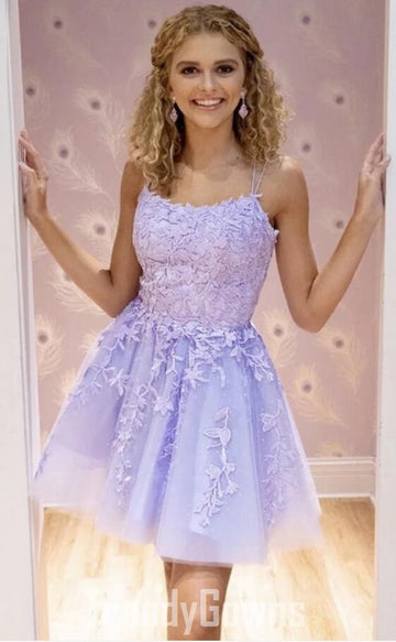 Trendy Straps Purple Junior Lace Short Prom Dress JTSH149