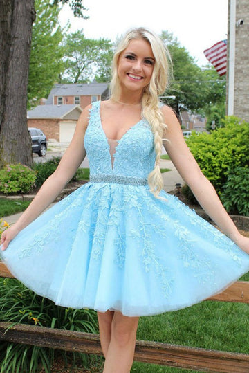 Trendy V Neck Blue Junior Lace Short Prom Dress JTSH151