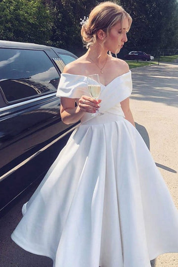 Trendy Satin Tea Length Off The Shoulder White Short Prom Dress JTSH153