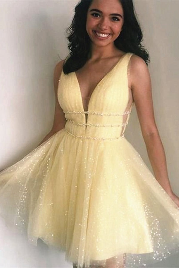 Trendy V Neck Yellow Junior Short Homecoming Dress JTSH158 Trendy V Neck Yellow Junior Short Homecoming Dress JTSH158