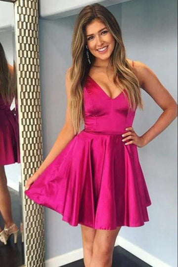 Trendy V Neck Fuchsia Junior Satin Short Prom Dress JTSH166