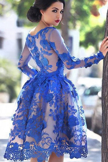 Trendy Long Sleeve Blue Lace Short Prom Dress JTSH184