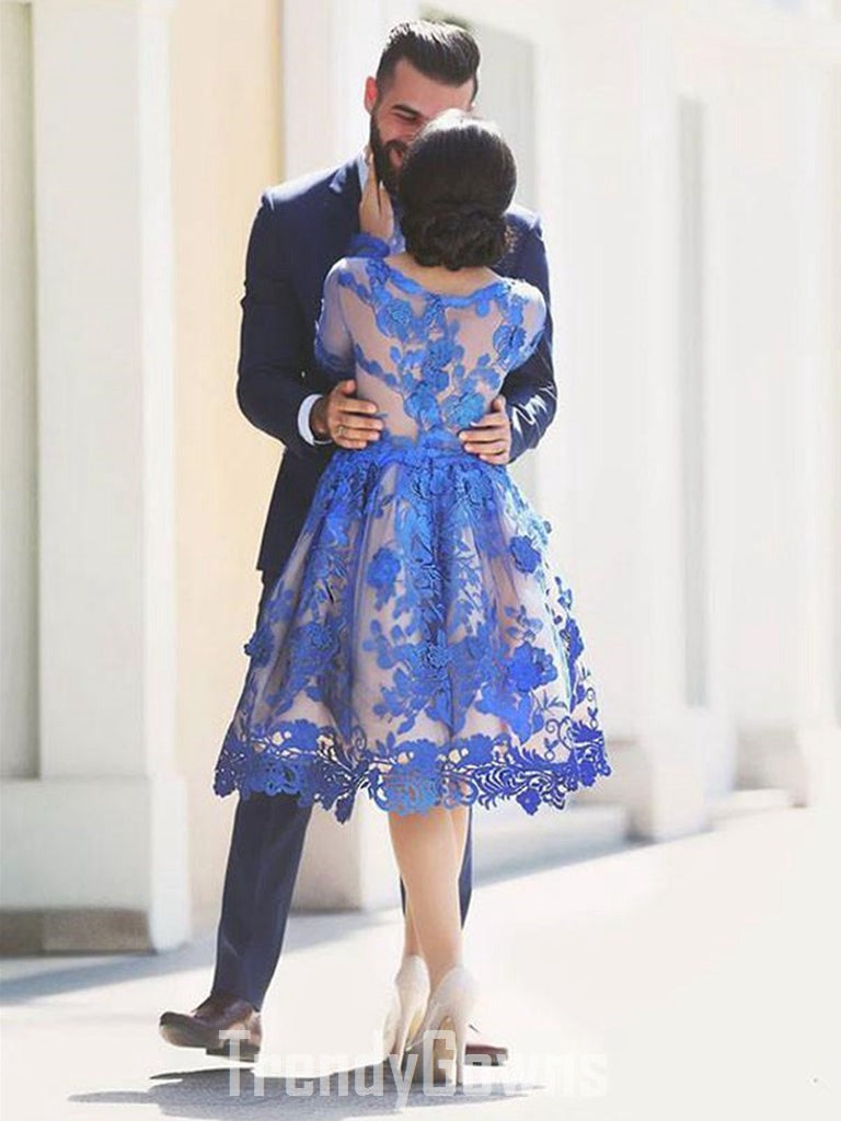 Trendy Long Sleeve Blue Lace Short Prom Dress JTSH184 Trendy Long Sleeve Blue Lace Short Prom Dress JTSH184