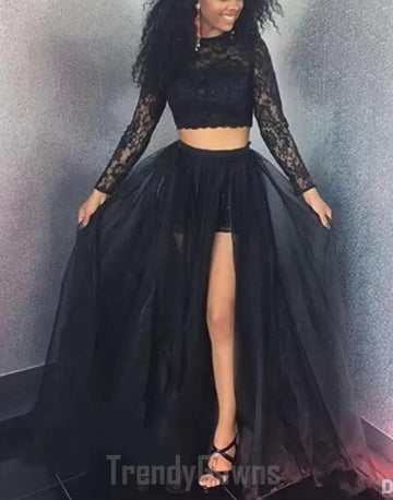 Black Long Sleeve Two Piece Junior Prom Dress GTEEN023