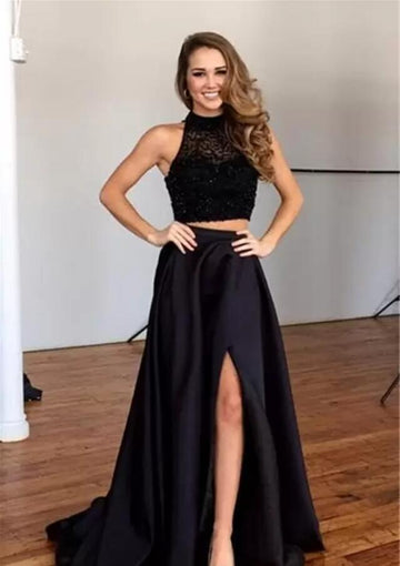 Black Halter Two Piece Junior Prom Dress With Slit GTEEN025