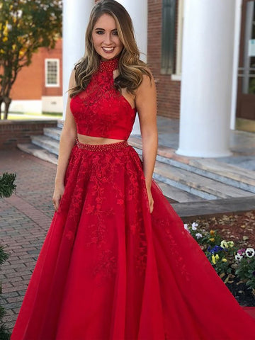 High neck Two Piece Red Junior Prom Dress GTEEN033