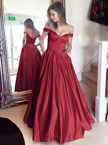 Satin Burgundy Off-The-Shoulder Junior Prom Dress GTEEN048