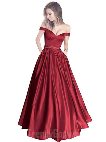 Satin Burgundy Off-The-Shoulder Junior Prom Dress GTEEN048