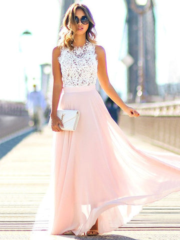 Pink Chiffon Lace Halter Junior Prom Dress GTEEN051