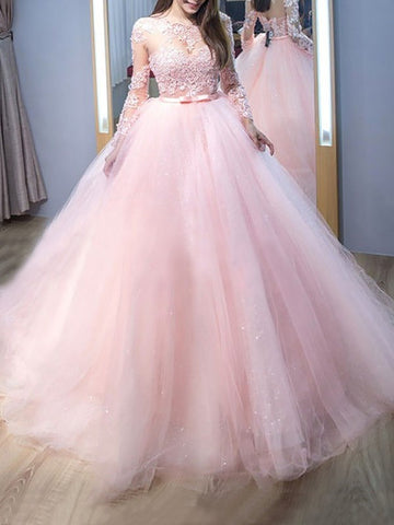Pink Princess Long Sleeve Tulle Junior Prom Dress GTEEN052